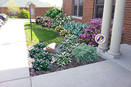 Perennials form a perimeter around the front of a house.