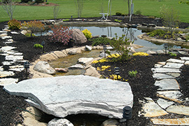Backyard landscape consisting of water features and landscaping.