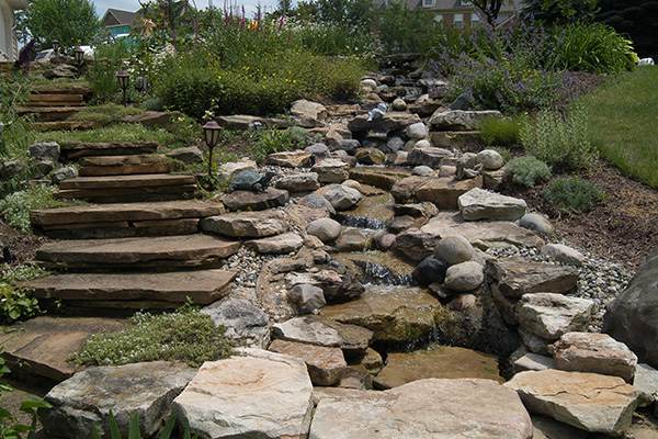 Water cascading down slope of rocks and stones.